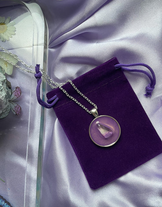 Purple & Gold Necklace Pendant with Clear Fluorite Chip