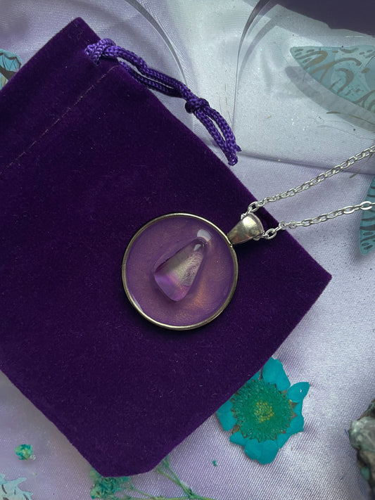 Purple & Gold Necklace Pendant with Clear Fluorite Chip